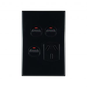 Single GPO + 2 Extra Switches Vertical Black 10A 240V AC | GEO Series