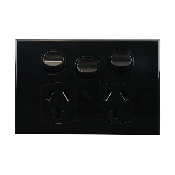 Double Power Point With Extra Switch Black 10A 250V AC BASIX S Series