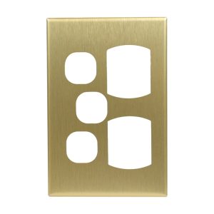 Brushed Brass Cover Double GPO Vertical + Extra Switch