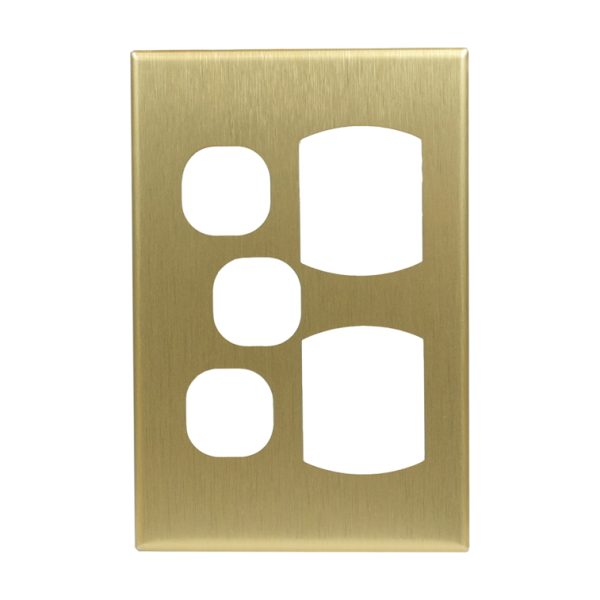 Brushed Brass Cover Double GPO Vertical + Extra Switch