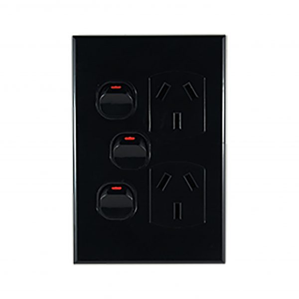 Double GPO with Extra Switch Vertical 10A 240V AC BLACK | GEO Series