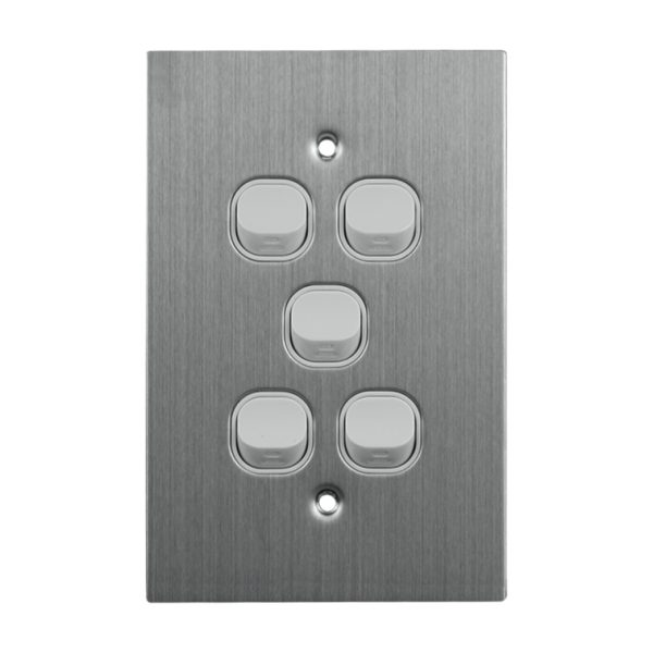 Stainless Steel Light Switch 5 Gang 10A 250V AC WHITE