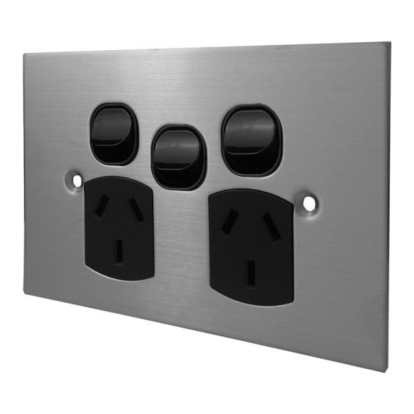 Stainless Steel Double Power Point with Extra Switch - BLACK - Image 2