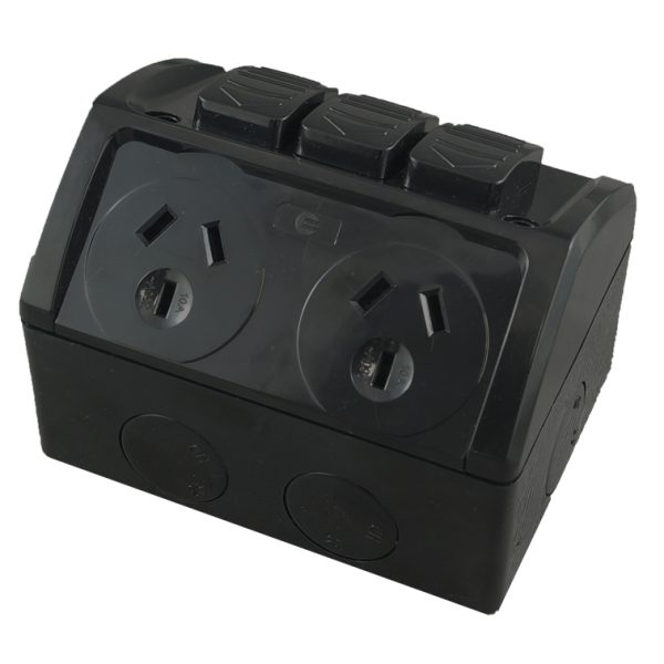 Double Weatherproof GPO with Extra Switch 10A 250V BLACK